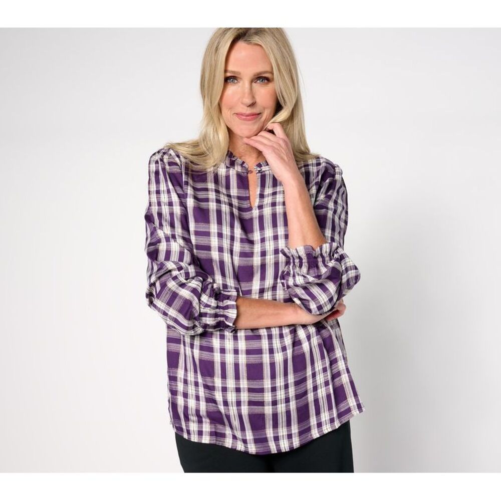 SUNNYLiFE Women's Top Sz M Denim & Co. Plaid Print Lurex Bias Trim Purple
